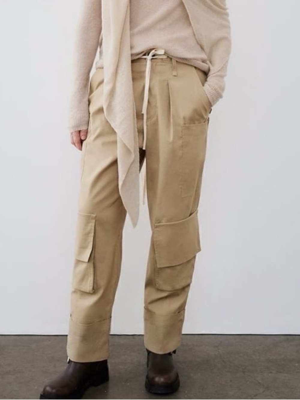Zara Women’s Linen Blend Cuffed Leg Cargo Drawstring Pants In Beige Tan